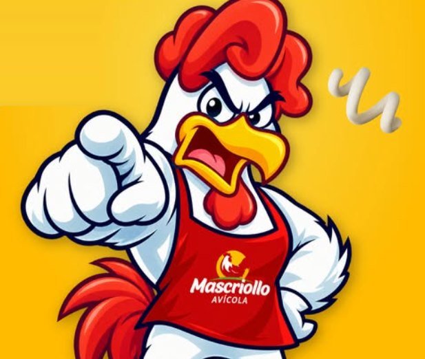 El gallo de Mascriollo, con su delantal rojo, señalando al frente